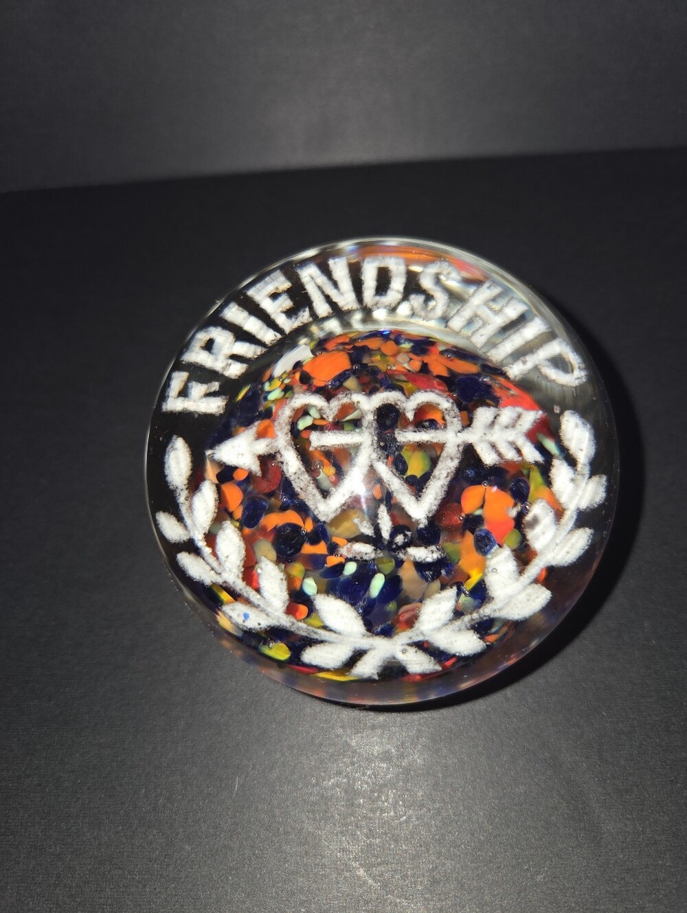 Antique "Friendship" Multicolor Glass Art Paperweight - Best Friend LOVE Hearts